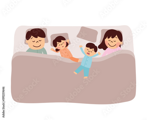 寝相が悪い子供と寝ている家族のイラスト