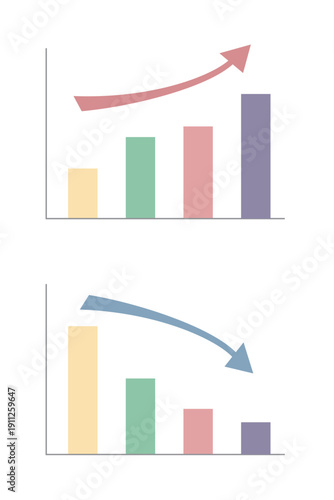 上昇する棒グラフと下降する棒グラフのイラストセット