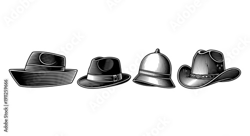 A black and white illustration of four different hats in a row on a plain background