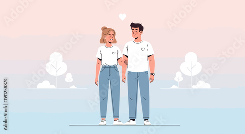 Romantic Couple Holding Arms Together Outdoors With Heart Symbol Above