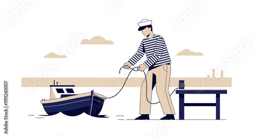 Sailor Tying Up Boat With Rope On The Dock Minimalist Illustration