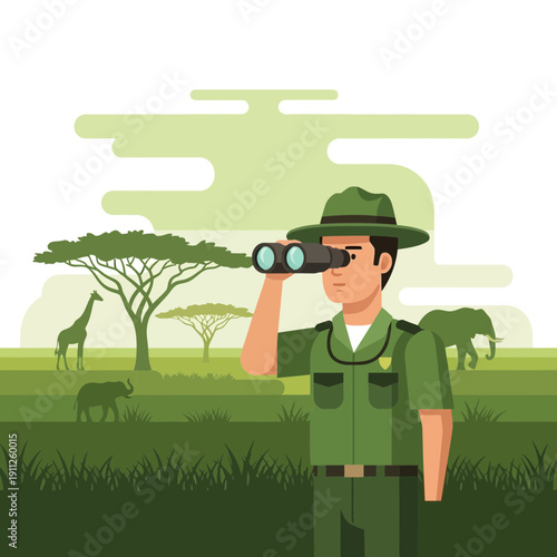 Savanna Explorer Observing Wildlife with Binoculars in African Landscape