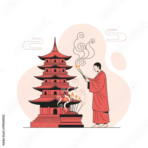 Sacred Ritual And Ancient Pagoda Offering Incense Serenity Spiritual Practice