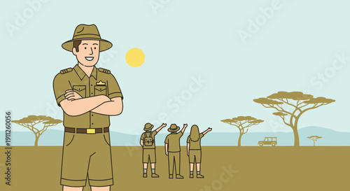 Safari Adventure Guide Explaining Wildlife Tour To Enthusiastic Tourists