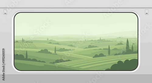 Scenic Verdant Rolling Hills Through Train Window View