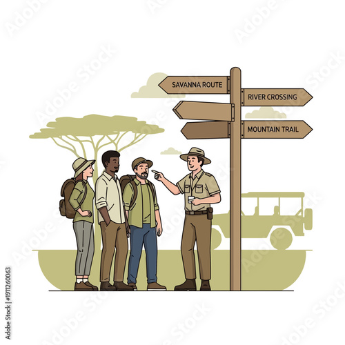 Safari Adventure Guide With Tourists At A Directional Signpost