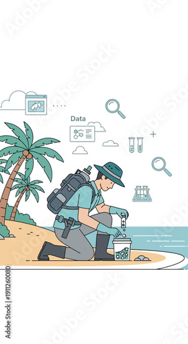 Scientist Conducting Environmental Research On A Tropical Beach Gathering Samples