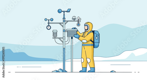 Scientist In Protective Suit Monitors Weather Station In Remote Icy Landscape