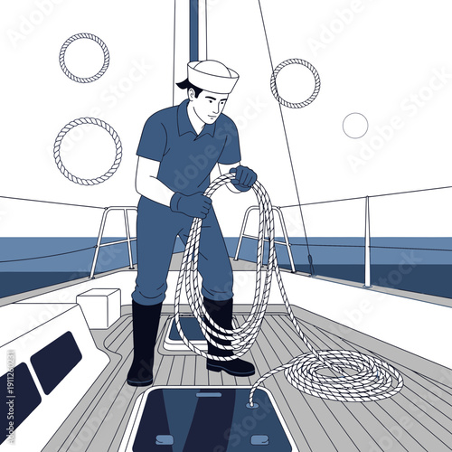 Seaman Tying Complex Knots Preparing Nautical Vessel For Voyage