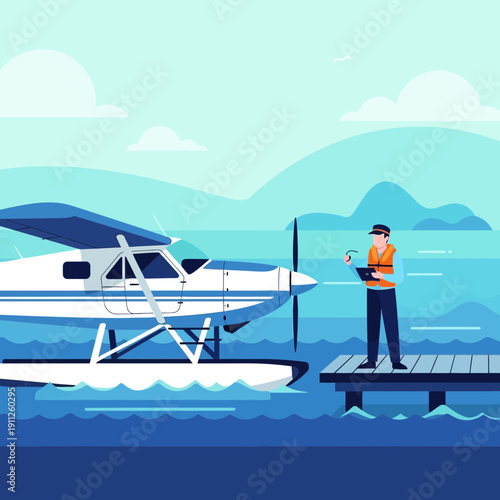Seaplane Pilot Prepares For Water Takeoff Near Dock