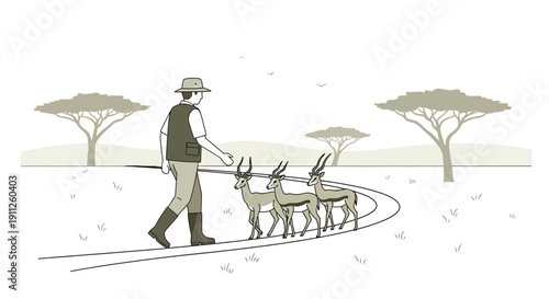 Safari Guide Leading Gazelles On A Journey Through Savannah Landscape
