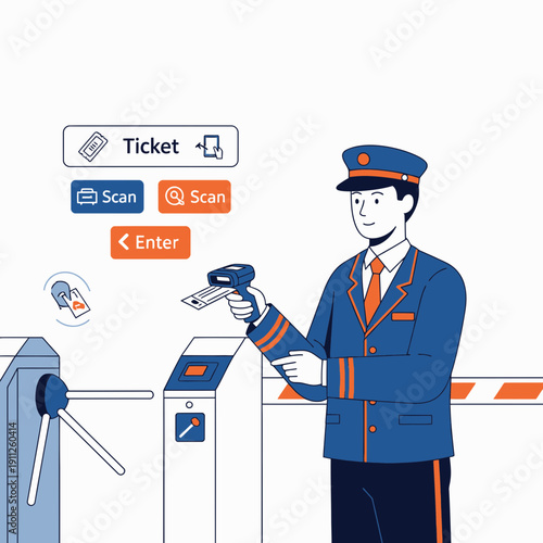 Security Guard Scanning Ticket At Automated Entrance Gate