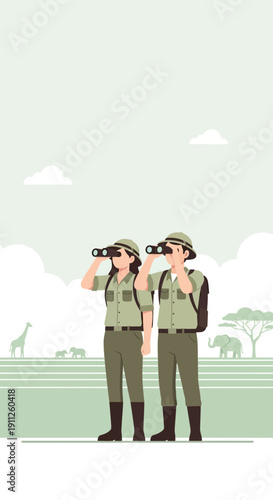 Safari Guides Observing Wildlife Through Binoculars In A Stylized Landscape