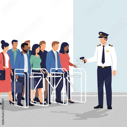 Security Officer Scanning Passes at a Busy Building Entrance Turnstile