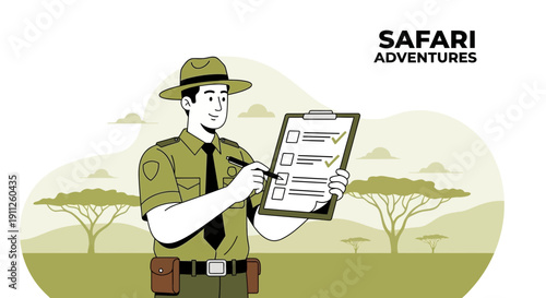Safari Ranger Checking Tasks In African Savannah Landscape