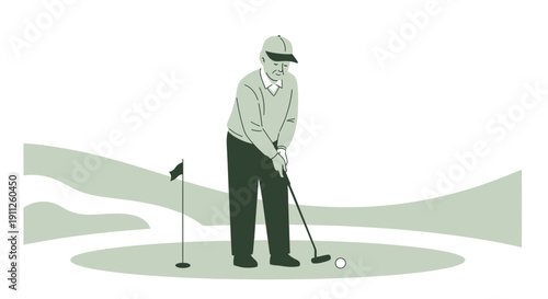 Senior Golfer Concentrates on a Perfect Putt on the Green