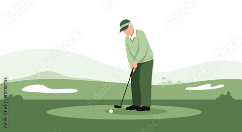 Senior Golfer Concentrates on Putting the Ball on the Green