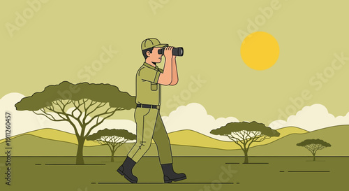 Safari Ranger Observing Wildlife Through Binoculars Amidst African Savanna Landscape