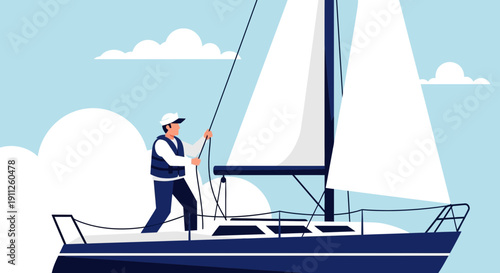 Sailboat Adventure On A Clear Day With A Person At The Helm