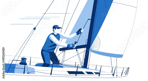 Sailing Adventure Person Actively Managing Sail Ropes On Yacht At Sea