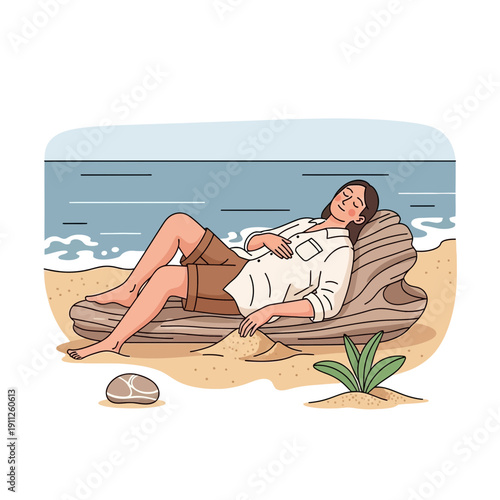 Serene Beach Nap A Person Resting Peacefully On Driftwood By The Ocean