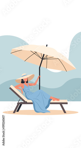 Serene Beach Retreat Elegant Woman Relaxing Under Sunny Umbrella