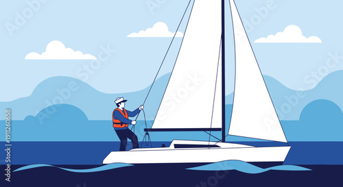 Sailor Navigating A Yacht Across Blue Waters Under A Cloudy Sky