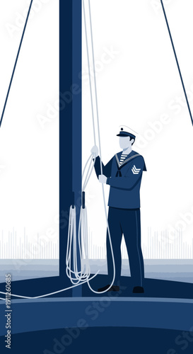 Sailor Raising Flag On Tall Ship Mast Nautical Maritime Duty Illustration