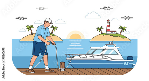 Sailor Securing Boat At Tropical Dock With Lighthouse Island