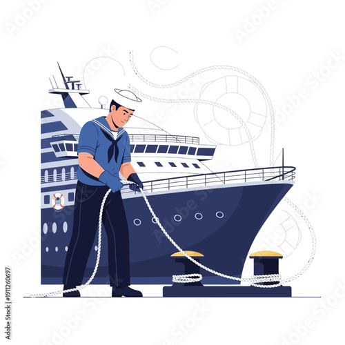Sailor Securing Large Ship Mooring Lines to Dock Cleats Nautical Scene