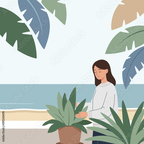 Serene Beachfront Gardener Tending Lush Potted Tropical Plants Outdoors