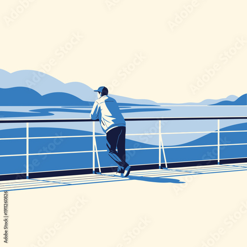 Serene Coastal Voyage Contemplation Above Calm Waters Under Bright Skies