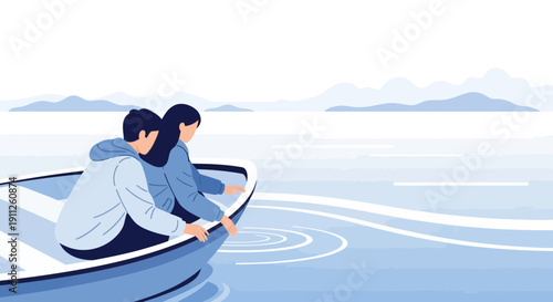 Serene Couple Embracing on a Boat Journey Across Calm Waters