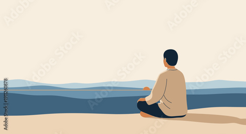 Serene Figure Contemplates Expansive Ocean Horizon With Calm Waves And Sandy Shore