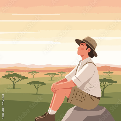 Serene Explorer Contemplating Vast African Savanna Landscape
