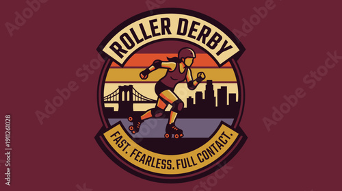 Roller Derby Fast Fearless Full Contact Sport Emblem with Cityscape and Sunset