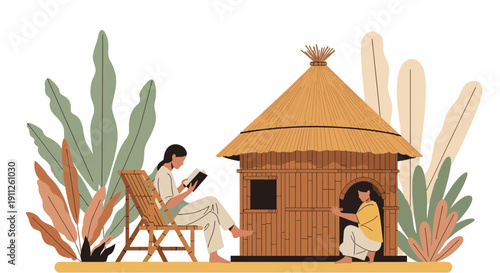 Serene Hut Scene With People Reading And Working Outdoors