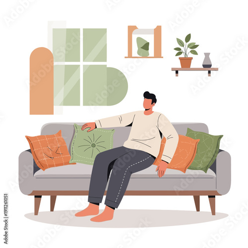 Serene Individual Relaxing On A Modern Sofa Indoors
