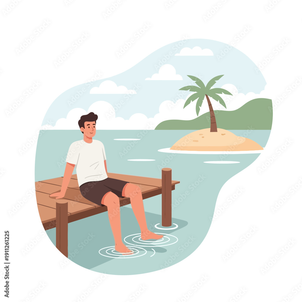 Fototapeta premium Serene Man Relaxing On Wooden Dock Near Tropical Island Paradise