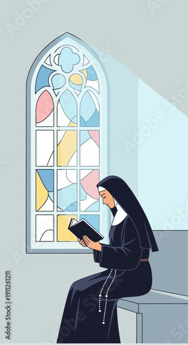 Serene Nun Reading Holy Scripture Beside A Vibrant Stained Glass Window