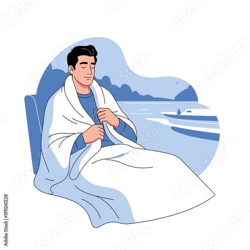 Serene Man Wrapped In Blanket Enjoying Coastal Scenery