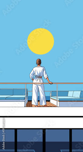 Serene Martial Artist Contemplating Vast Ocean Horizon Under Bright Sun
