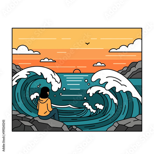 Serene Ocean Vista With Embracing Waves And Solitary Observer