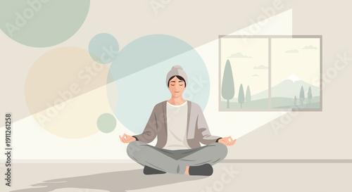 Serene Meditation Session In A Brightly Lit Room With Window View