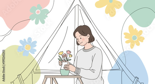 Serene Moment Arranging Flowers Indoors Minimalist Aesthetic