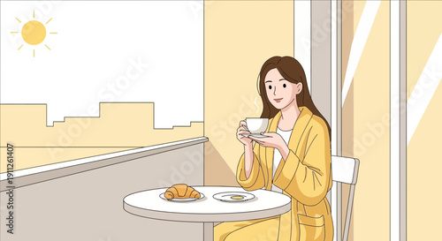 Serene Morning Coffee And Croissant On Balcony With City View