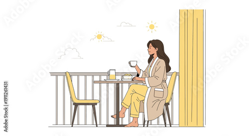 Serene Morning Coffee on Balcony With Sunny Sky Background