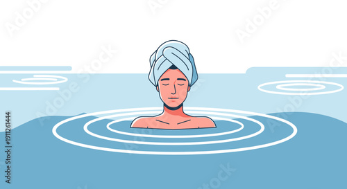 Serene Person Immersed In Tranquil Blue Water With Towel Wrapped Around Head