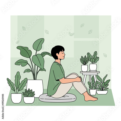 Serene Person Meditating Among Lush Indoor Plants Creating A Peaceful Sanctuary