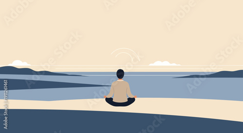 Serene Person Meditating By The Water In A Minimalist Landscape Scene